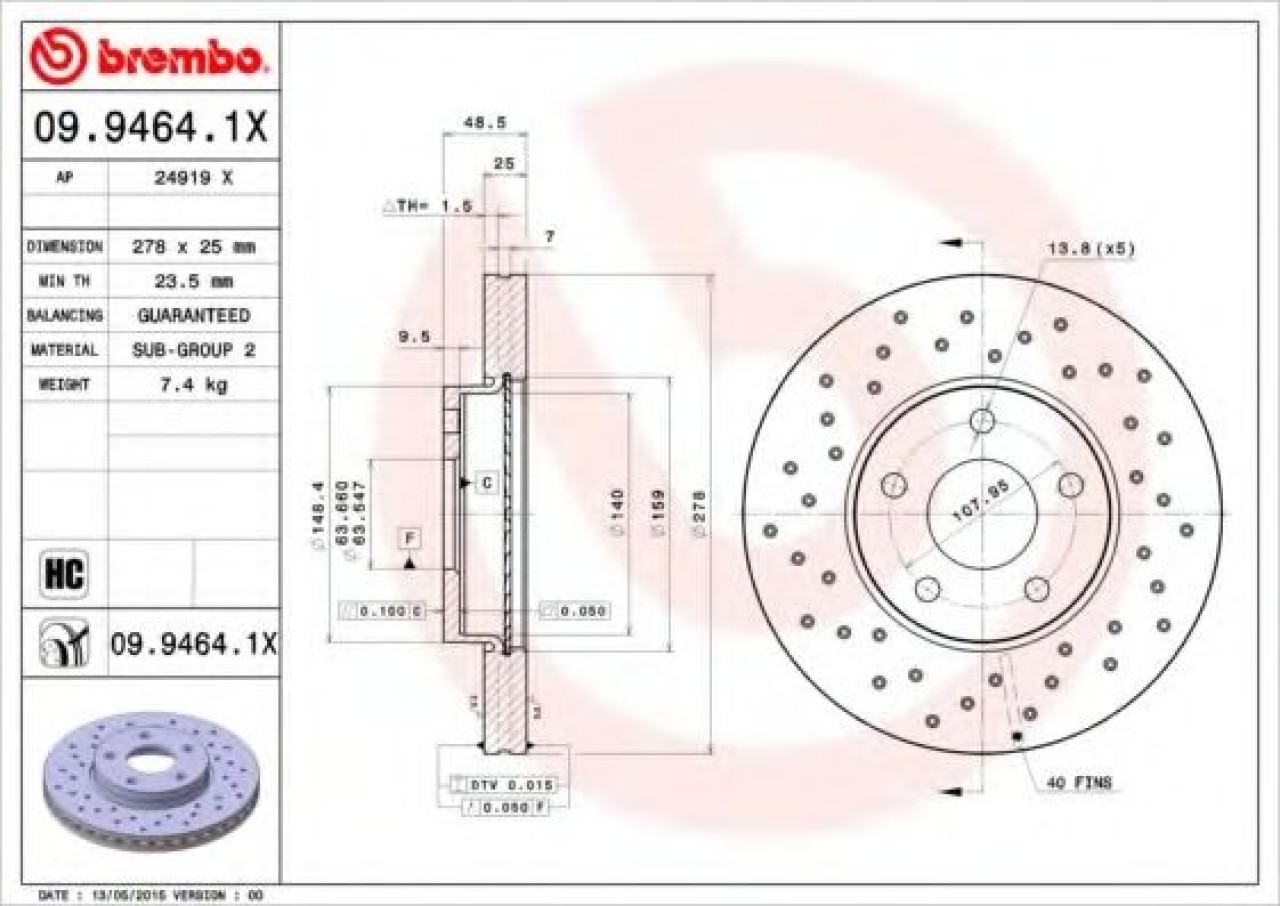 Disc frana FORD FOCUS II (DA) (2004 - 2012) BREMBO 09.9464.1X piesa NOUA