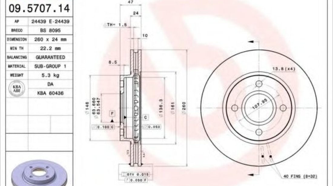 Disc frana FORD MONDEO II Combi (BNP) (1996 - 2000) BREMBO 09.5707.14 piesa NOUA