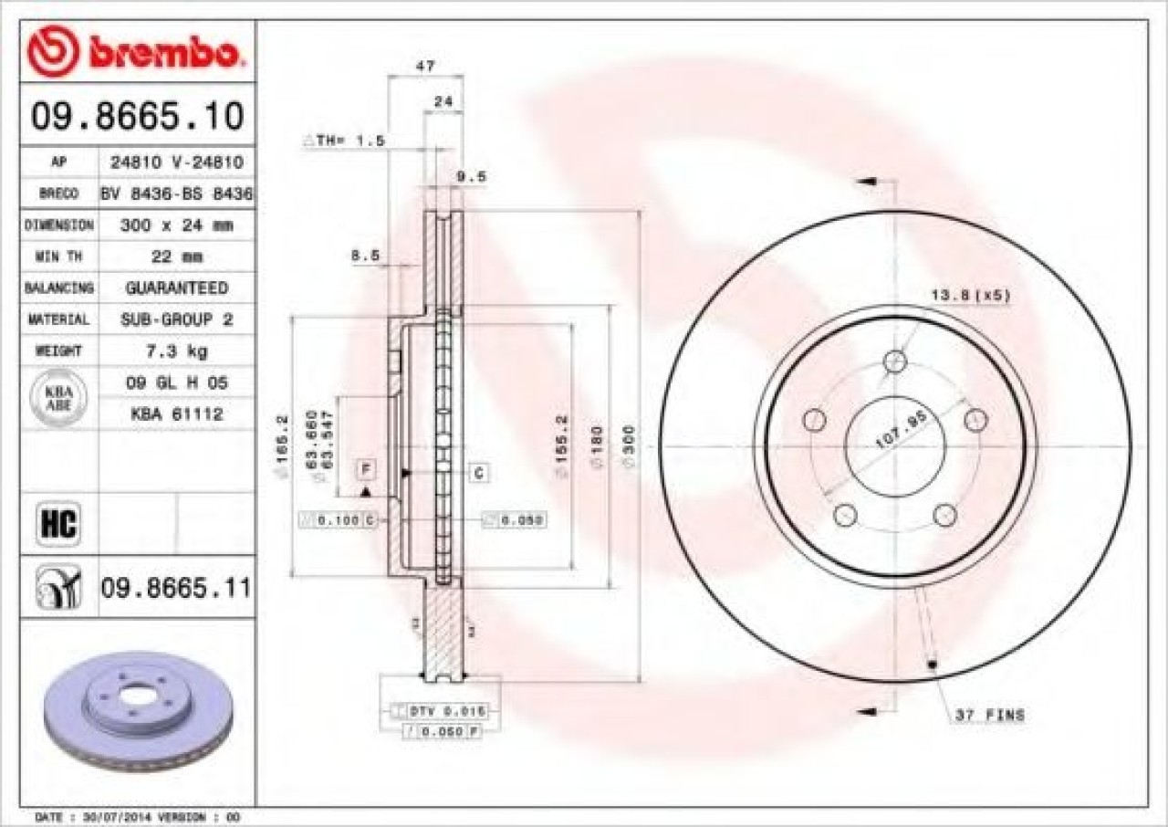 Disc frana FORD MONDEO III Limuzina (B4Y) (2000 - 2007) BREMBO 09.8665.11 piesa NOUA