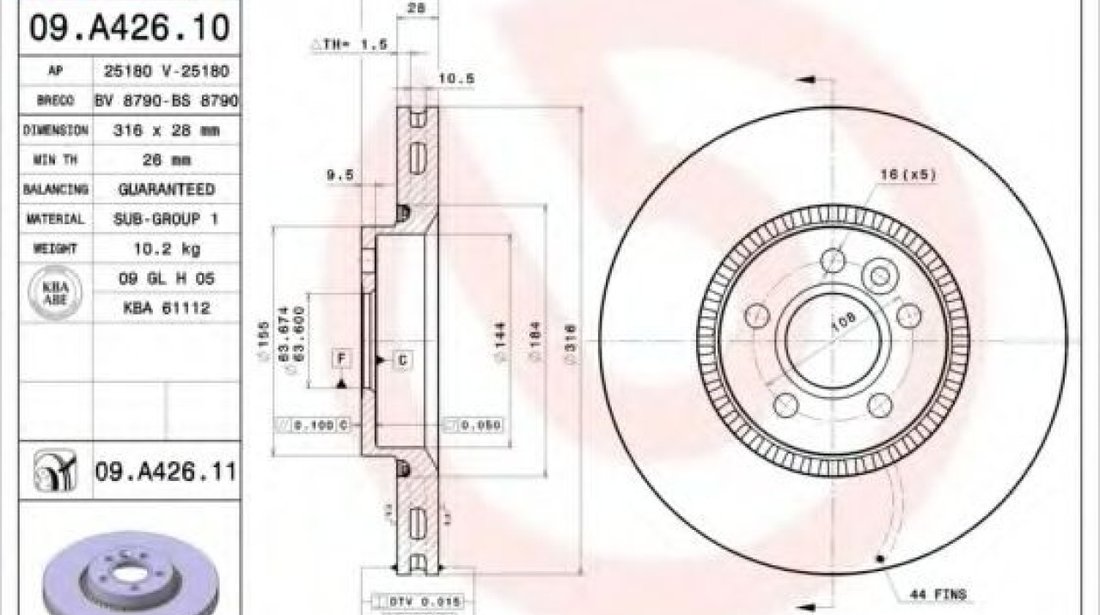 Disc frana FORD S-MAX (WA6) (2006 - 2016) BREMBO 09.A426.11 piesa NOUA