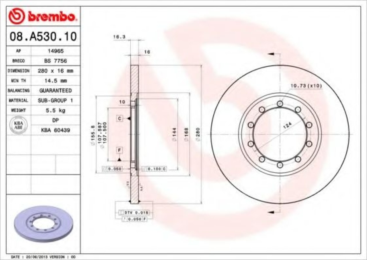 Disc frana FORD TRANSIT platou / sasiu (2006 - 2014) BREMBO 08.A530.10 piesa NOUA