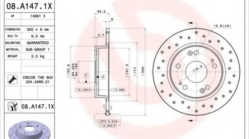 Disc frana HONDA CIVIC VII Limuzina (ES) (2000 - 2006) BREMBO 08.A147.1X piesa NOUA