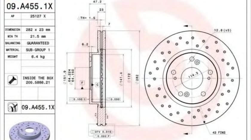 Disc frana HONDA CIVIC VIII Hatchback (FN, FK) (2005 - 2012) BREMBO 09.A455.1X piesa NOUA