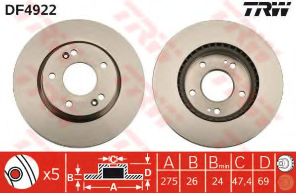 Disc frana HYUNDAI ELANTRA limuzina (HD) (2005 - 2011) TRW DF4922 piesa NOUA