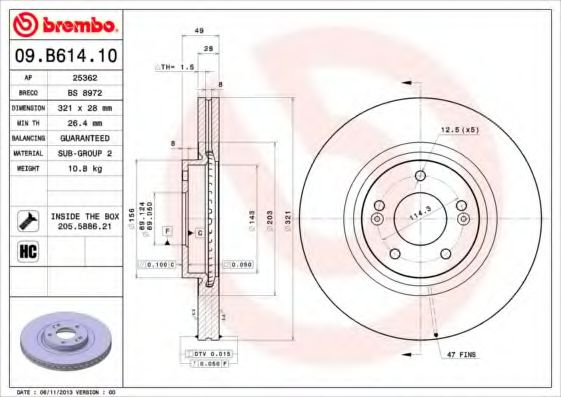 Disc frana HYUNDAI GRAND SANTA FE (2013 - 2016) BREMBO 09.B614.10 piesa NOUA