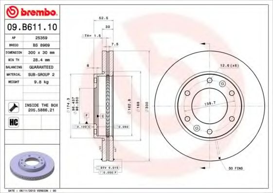 Disc frana HYUNDAI H-1 Starex (H300) caroserie (TQ) (2008 - 2016) BREMBO 09.B611.10 piesa NOUA