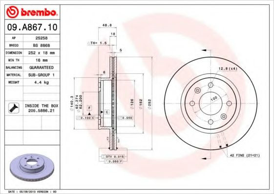 Disc frana HYUNDAI i10 (IA) (2013 - 2016) BREMBO 09.A867.10 piesa NOUA