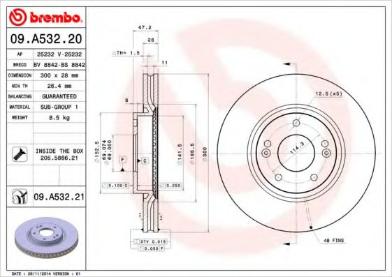 Disc frana HYUNDAI i30 (FD) (2007 - 2011) BREMBO 09.A532.21 piesa NOUA