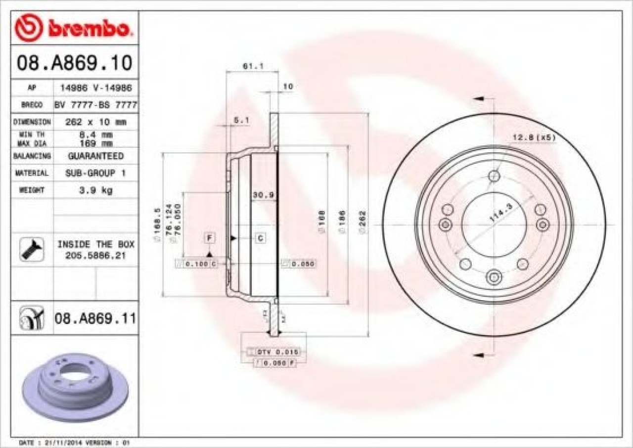 Disc frana HYUNDAI ix35 (LM, EL, ELH) (2009 - 2016) BREMBO 08.A869.11 piesa NOUA