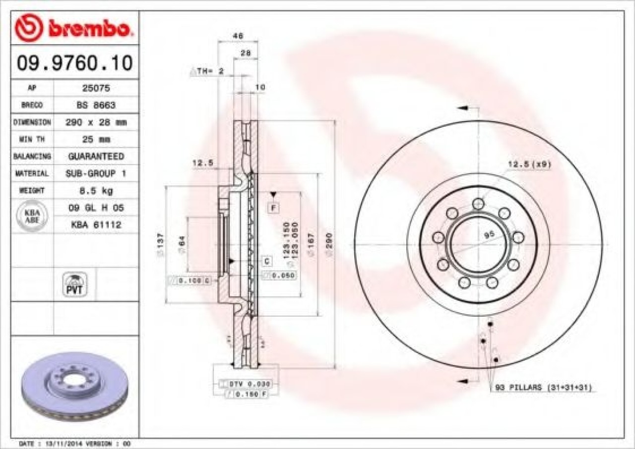 Disc frana IVECO DAILY IV autobasculanta (2006 - 2011) BREMBO 09.9760.10 piesa NOUA