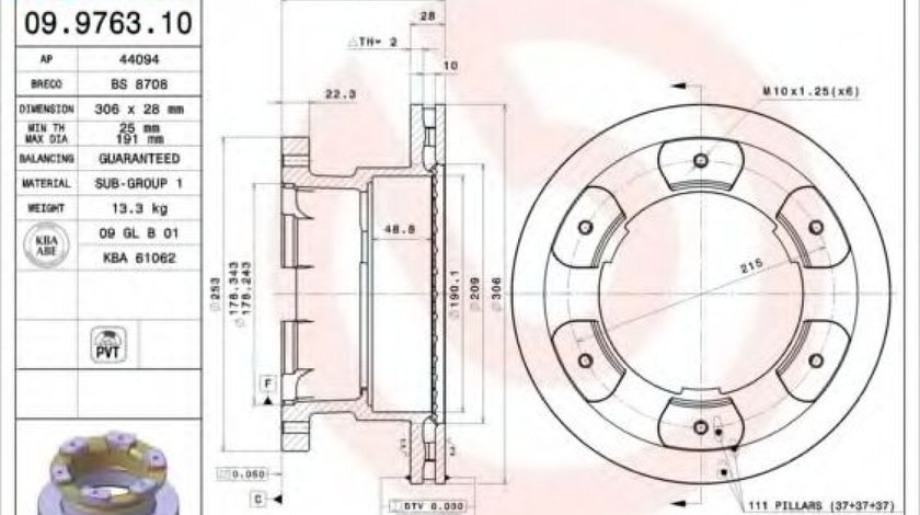 Disc frana IVECO DAILY IV platou / sasiu (2006 - 2011) BREMBO 09.9763.10 piesa NOUA