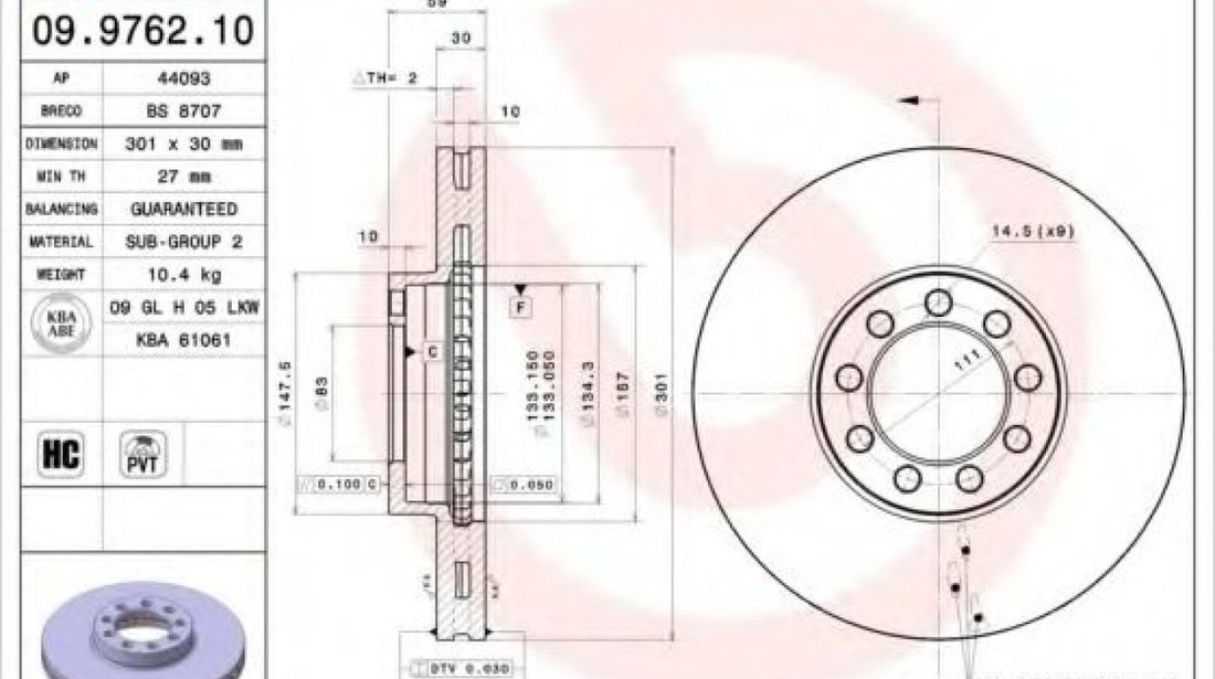 Disc frana IVECO DAILY V autobasculanta (2011 - 2014) BREMBO 09.9762.10 piesa NOUA