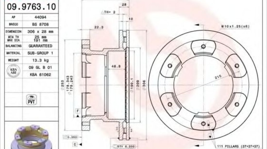 Disc frana IVECO DAILY VI caroserie inchisa/combi (2014 - 2016) BREMBO 09.9763.10 piesa NOUA