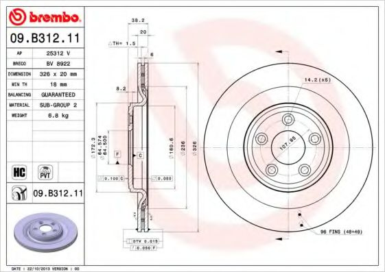 Disc frana JAGUAR XF SPORTBRAKE (CC9) (2012 - 2014) BREMBO 09.B312.11 piesa NOUA