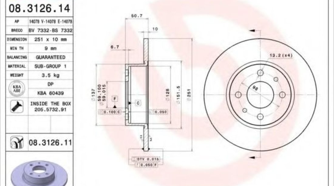 Disc frana LANCIA LYBRA SW (839BX) (1999 - 2005) BREMBO 08.3126.11 piesa NOUA