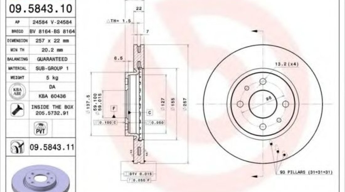 Disc frana LANCIA MUSA (350) (2004 - 2012) BREMBO 09.5843.11 piesa NOUA