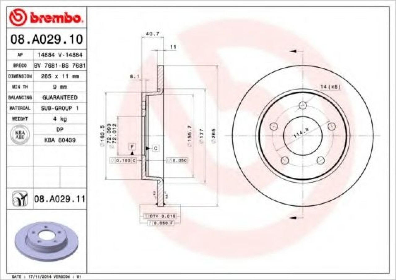 Disc frana MAZDA 3 Limuzina (BK) (1999 - 2009) BREMBO 08.A029.11 piesa NOUA