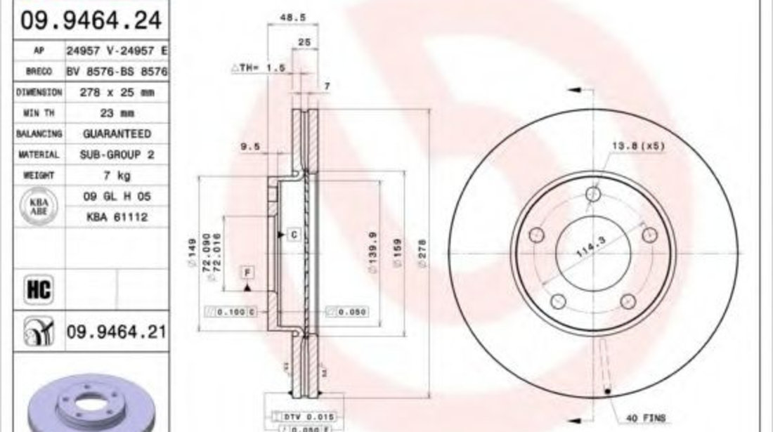 Disc frana MAZDA 5 (CR19) (2005 - 2016) BREMBO 09.9464.21 piesa NOUA