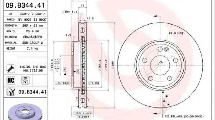 Disc frana MERCEDES A-CLASS (W176) (2012 - 2016) BREMBO 09.B344.41 piesa NOUA