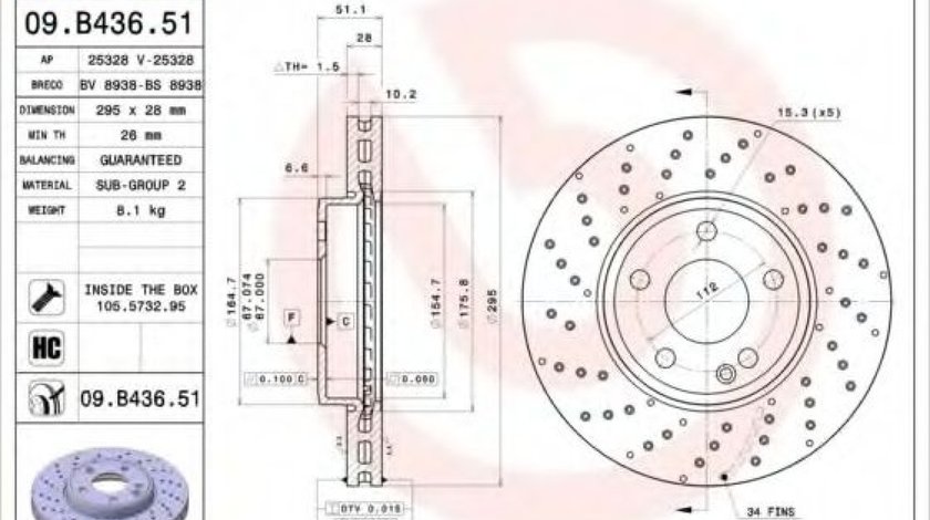 Disc frana MERCEDES A-CLASS (W176) (2012 - 2016) BREMBO 09.B436.51 piesa NOUA