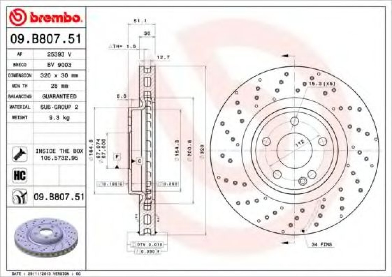 Disc frana MERCEDES A-CLASS (W176) (2012 - 2016) BREMBO 09.B807.51 piesa NOUA