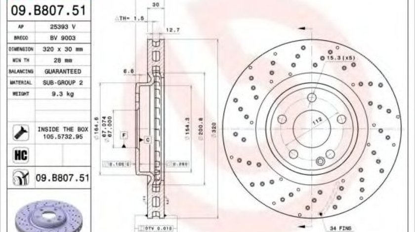 Disc frana MERCEDES A-CLASS (W176) (2012 - 2016) BREMBO 09.B807.51 piesa NOUA