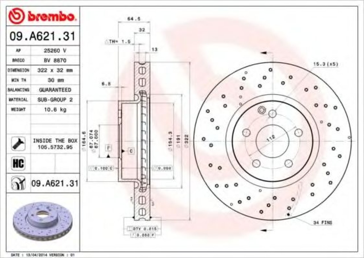 Disc frana MERCEDES C-CLASS T-Model (S204) (2007 - 2014) BREMBO 09.A621.31 piesa NOUA