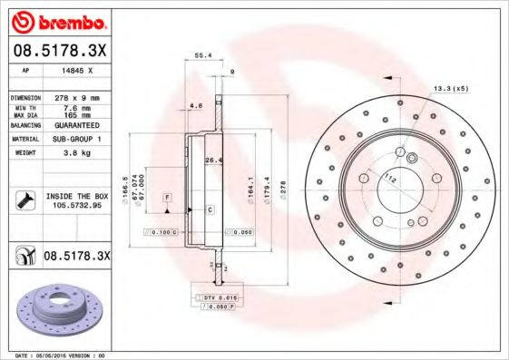 Disc frana MERCEDES C-CLASS (W202) (1993 - 2000) BREMBO 08.5178.3X piesa NOUA