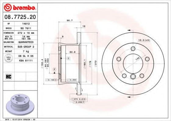 Disc frana MERCEDES G-CLASS (W461) (1990 - 2016) BREMBO 08.7725.20 piesa NOUA