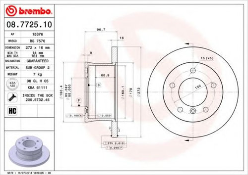 Disc frana MERCEDES G-CLASS (W461) (1990 - 2016) BREMBO 08.7725.10 piesa NOUA