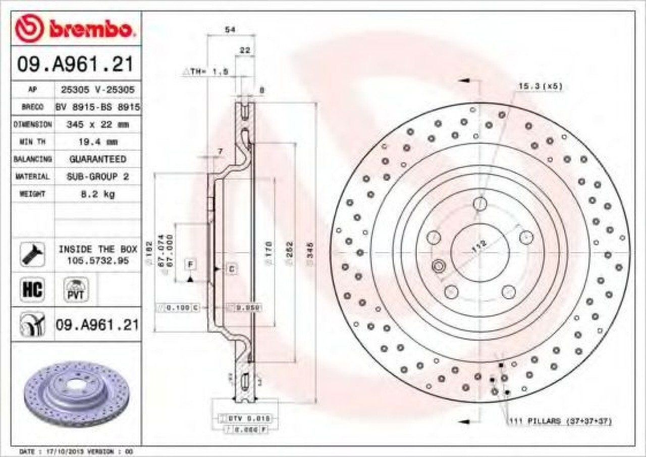 Disc frana MERCEDES M-CLASS (W166) (2011 - 2016) BREMBO 09.A961.21 piesa NOUA