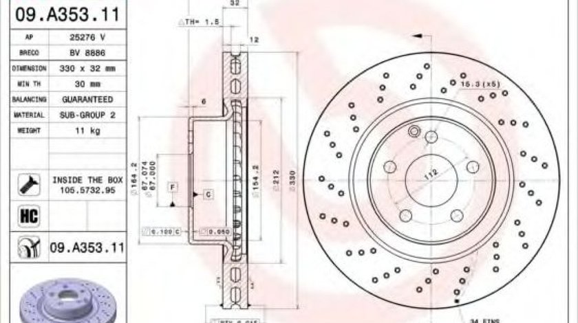 Disc frana MERCEDES S-CLASS Cupe (C215) (1999 - 2006) BREMBO 09.A353.11 piesa NOUA