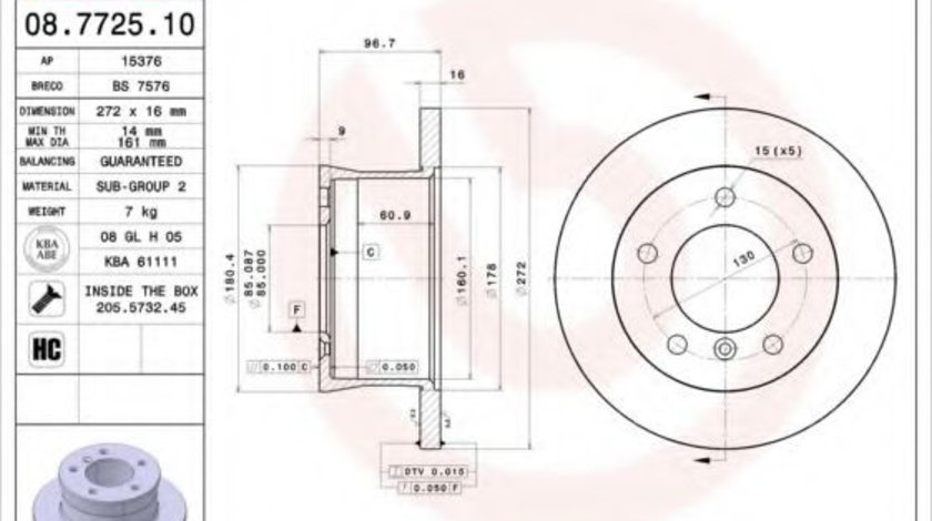 Disc frana MERCEDES SPRINTER 2-t bus (901, 902) (1995 - 2006) BREMBO 08.7725.10 piesa NOUA