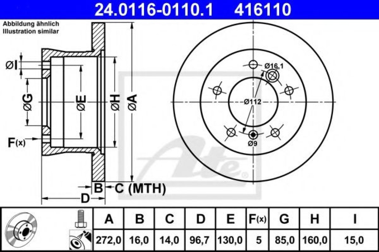 Disc frana MERCEDES SPRINTER 2-t caroserie (901, 902) (1995 - 2006) ATE 24.0116-0110.1 piesa NOUA