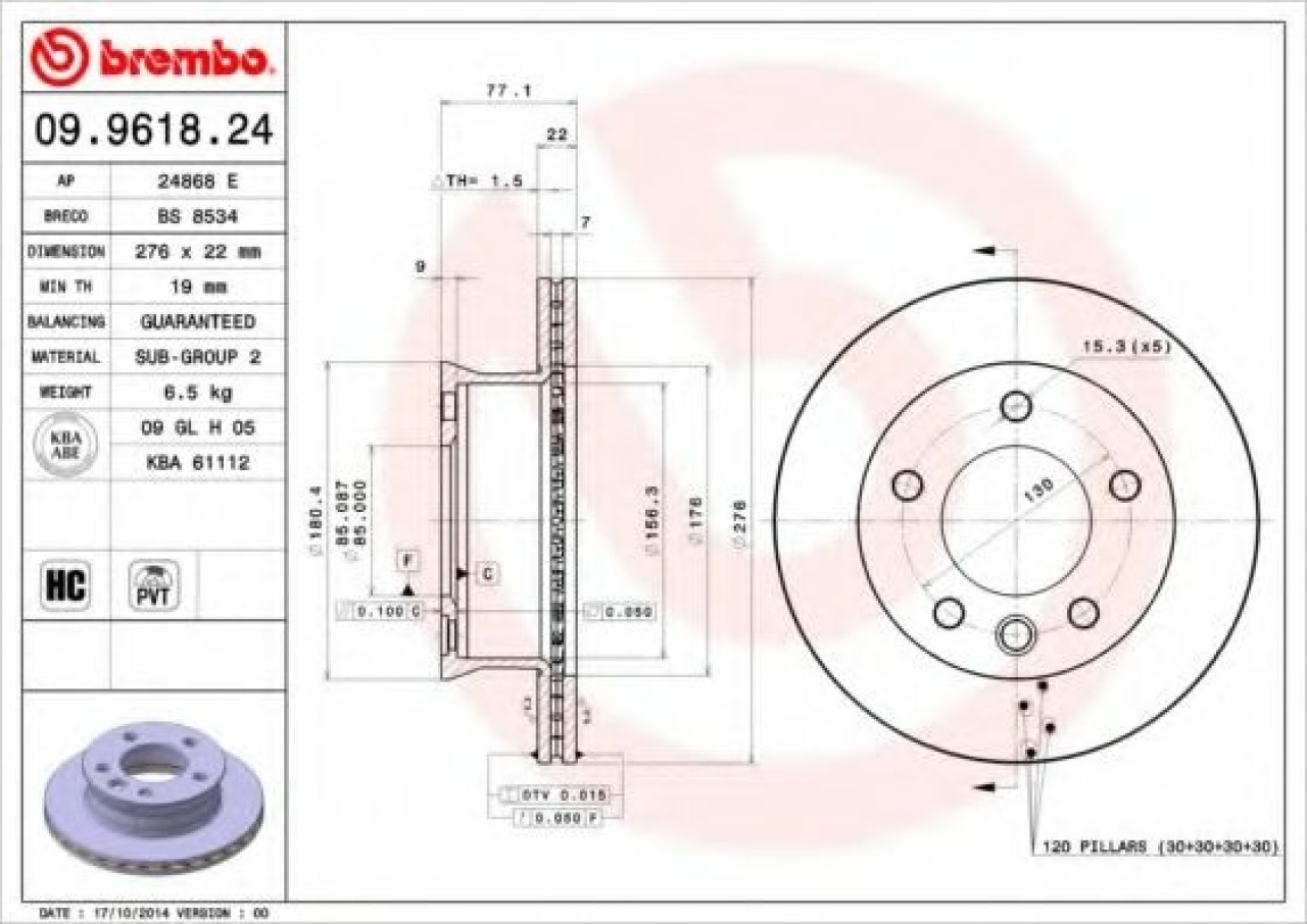 Disc frana MERCEDES SPRINTER 2-t caroserie (901, 902) (1995 - 2006) BREMBO 09.9618.24 piesa NOUA