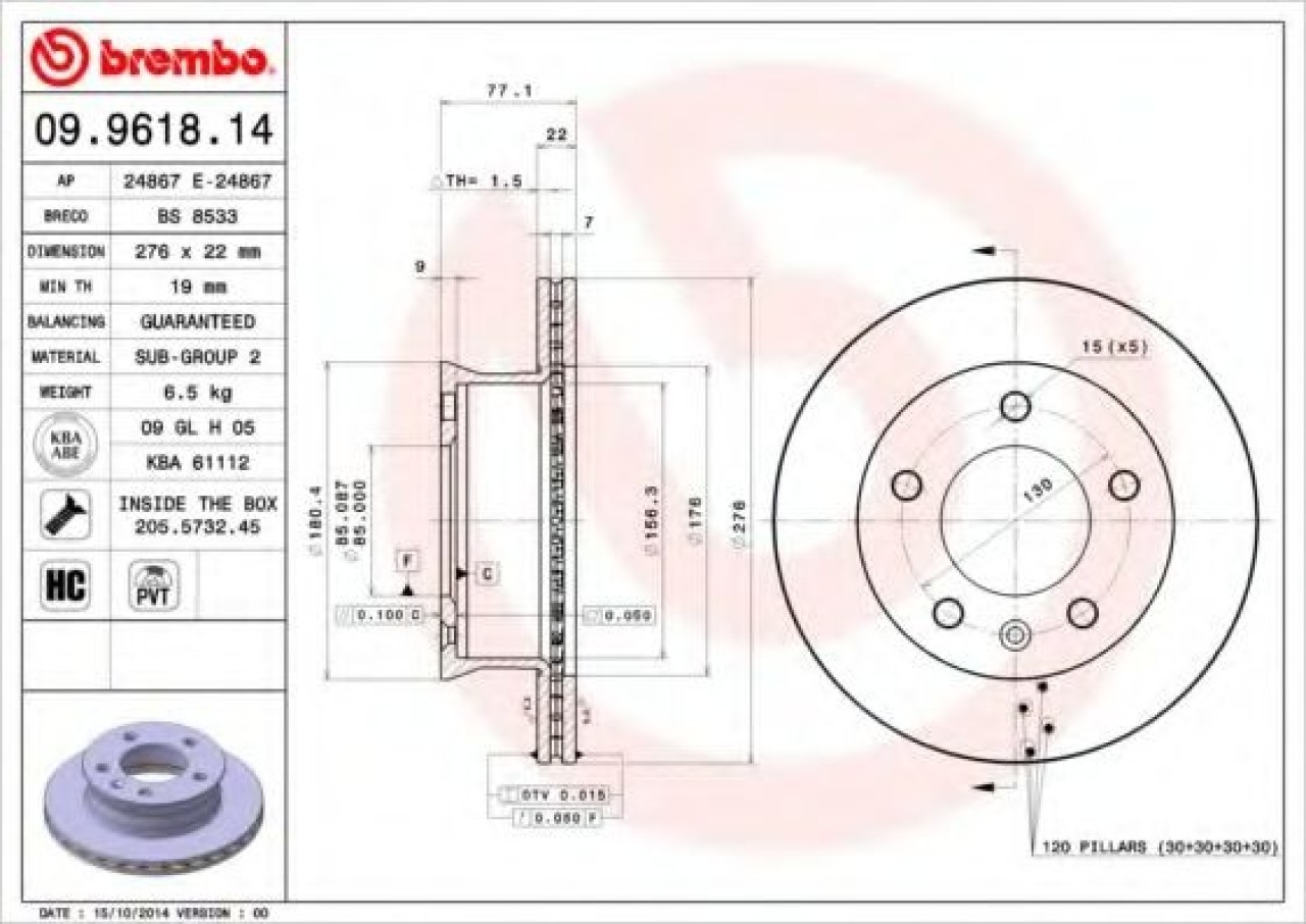 Disc frana MERCEDES SPRINTER 3-t bus (903) (1995 - 2006) BREMBO 09.9618.14 piesa NOUA