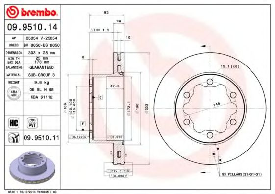 Disc frana MERCEDES SPRINTER 4,6-t platou / sasiu (906) (2006 - 2016) BREMBO 09.9510.14 piesa NOUA