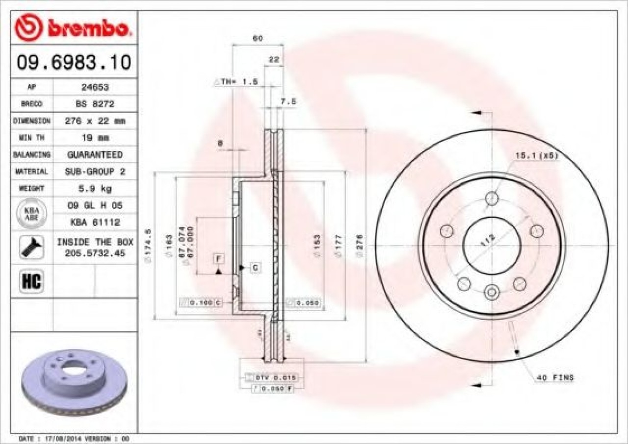 Disc frana MERCEDES V-CLASS (638/2) (1996 - 2003) BREMBO 09.6983.10 piesa NOUA