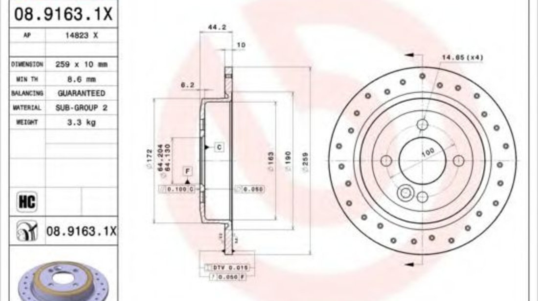 Disc frana MINI MINI Cabriolet (R52) (2004 - 2007) BREMBO 08.9163.1X piesa NOUA