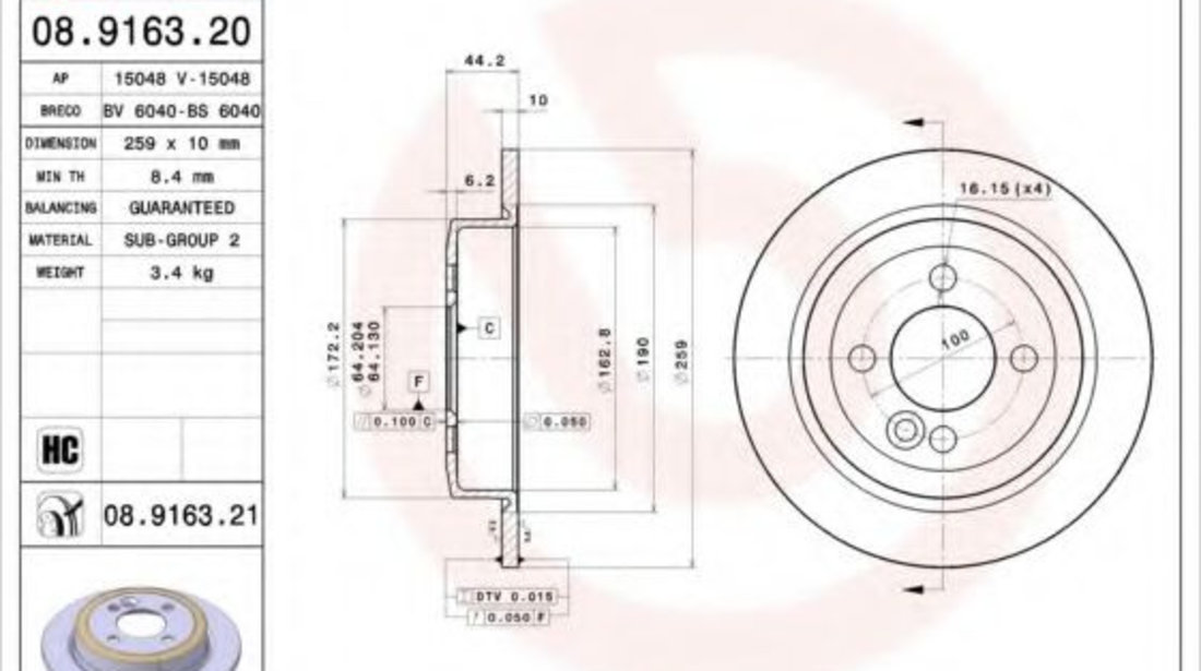 Disc frana MINI MINI Cabriolet (R57) (2007 - 2016) BREMBO 08.9163.21 piesa NOUA