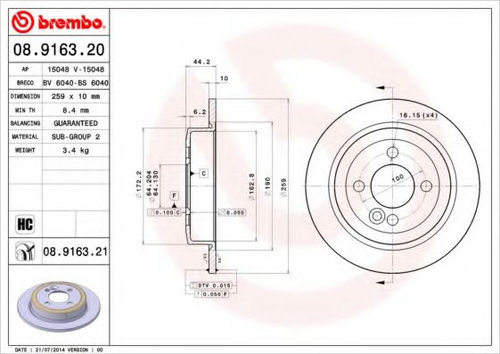 Disc frana MINI MINI Cabriolet (R57) (2007 - 2016) BREMBO 08.9163.21 piesa NOUA