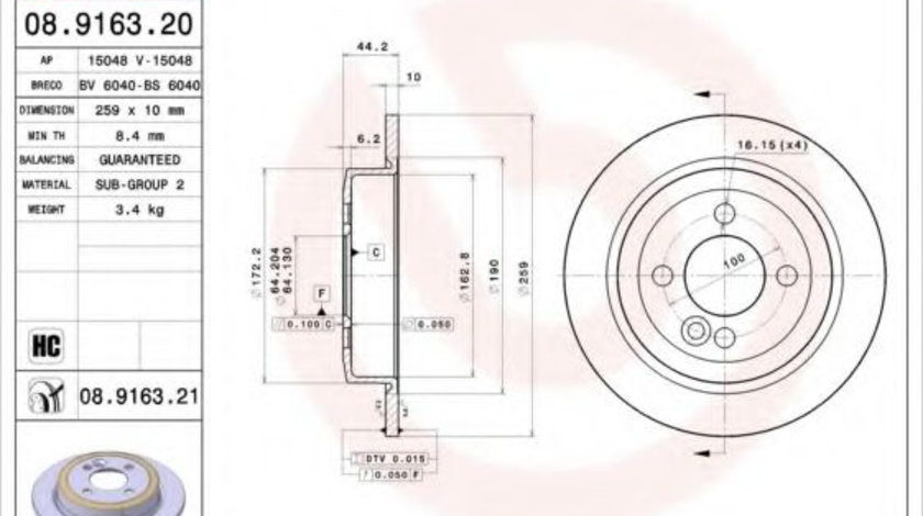 Disc frana MINI MINI Roadster (R59) (2012 - 2016) BREMBO 08.9163.21 piesa NOUA