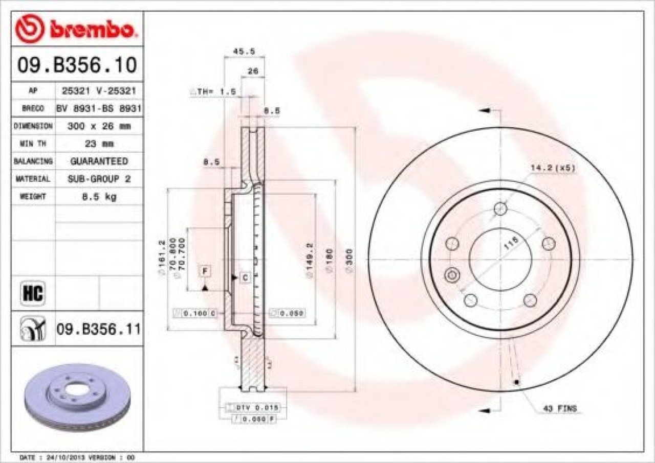 Disc frana OPEL AMPERA (2011 - 2016) BREMBO 09.B356.11 piesa NOUA