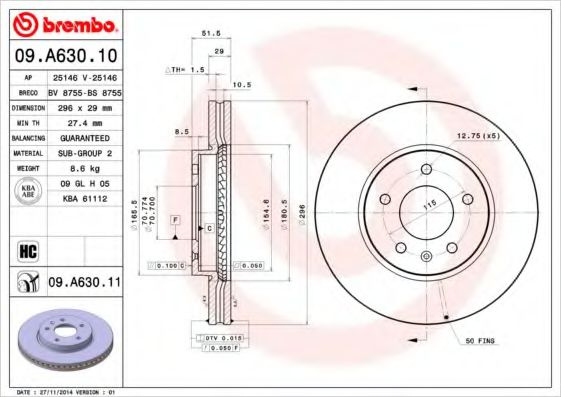 Disc frana OPEL ANTARA (2006 - 2016) BREMBO 09.A630.10 piesa NOUA