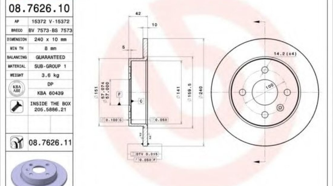 Disc frana OPEL ASTRA G Cabriolet (F67) (2001 - 2005) BREMBO 08.7626.11 piesa NOUA