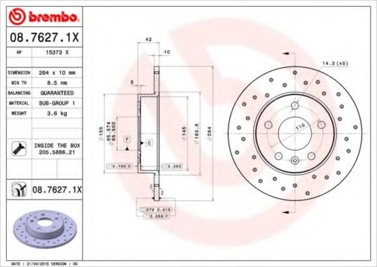 Disc frana OPEL ASTRA G Combi (F35) (1998 - 2009) BREMBO 08.7627.1X piesa NOUA