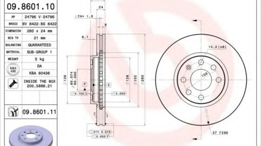 Disc frana OPEL COMBO Tour (2001 - 2016) BREMBO 09.8601.11 piesa NOUA