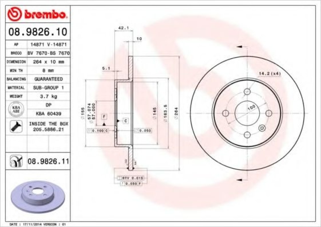 Disc frana OPEL MERIVA (2003 - 2010) BREMBO 08.9826.11 piesa NOUA