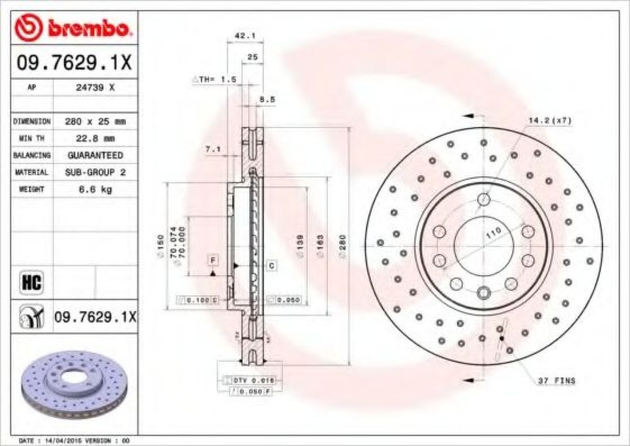 Disc frana OPEL MERIVA (2003 - 2010) BREMBO 09.7629.1X piesa NOUA