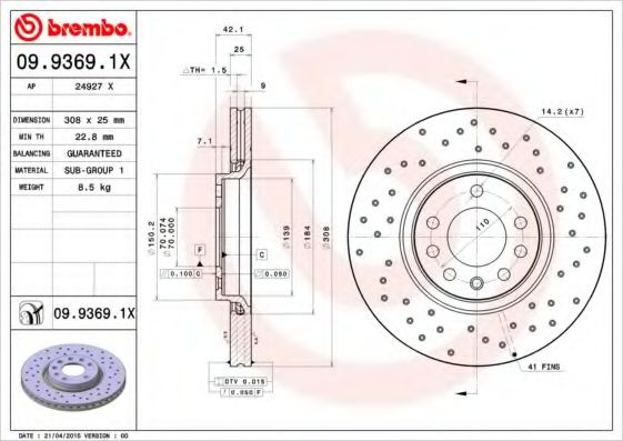 Disc frana OPEL MERIVA (2003 - 2010) BREMBO 09.9369.1X piesa NOUA